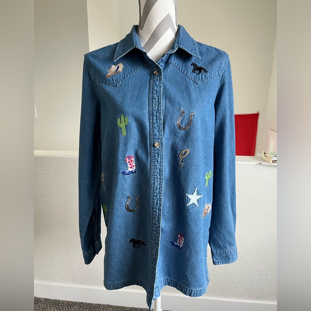 Blair button down casual denim Western Horse| embroidered cowgirl shirt